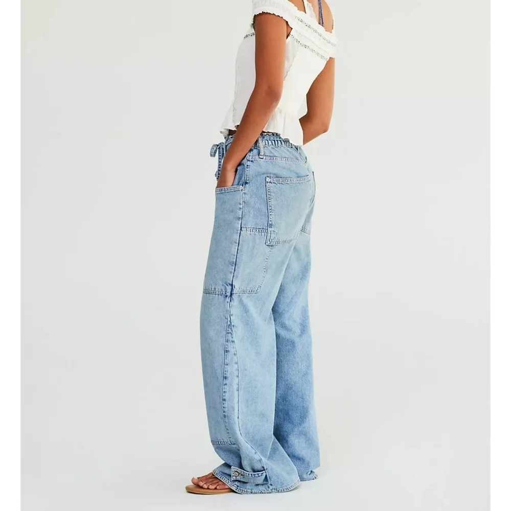 Free People We The Free Curvy Outlaw Wide‎ Leg Denim Jeans Tie Front